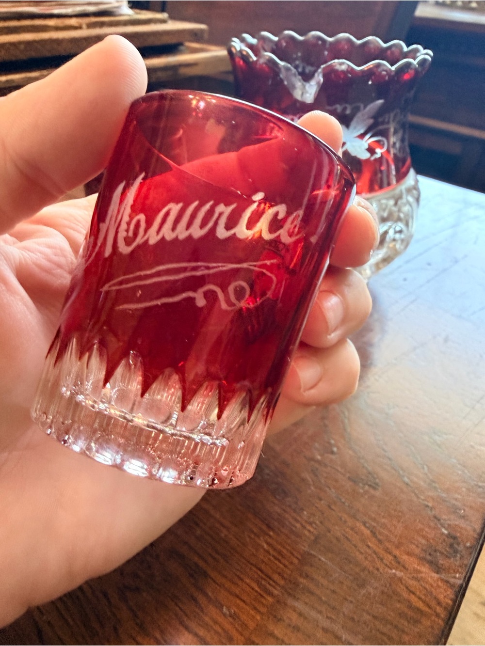 Vintage 1893 World Fair Ruby Red and Clear Etched Glass Votive / Candy Dish - Picture 5 of 6
